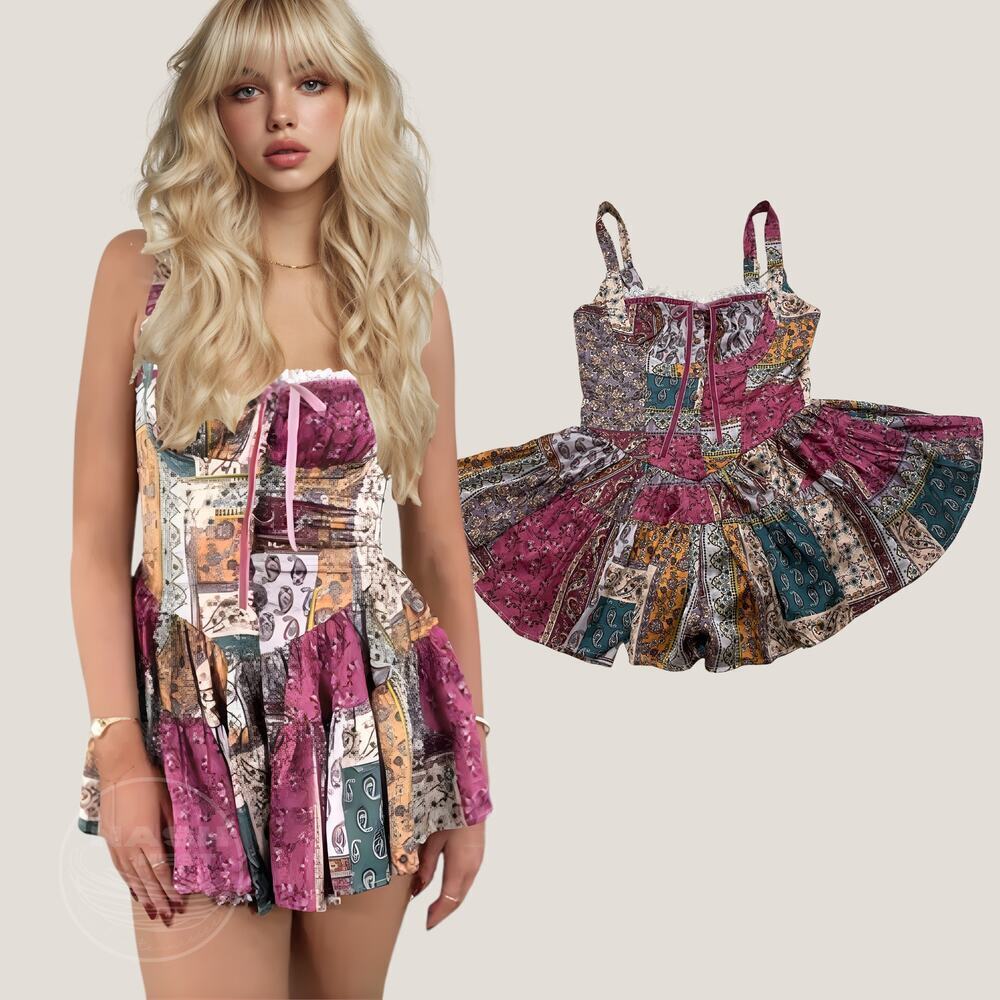 Blush Patchwork Print Romper in Magenta, Teal & Gold